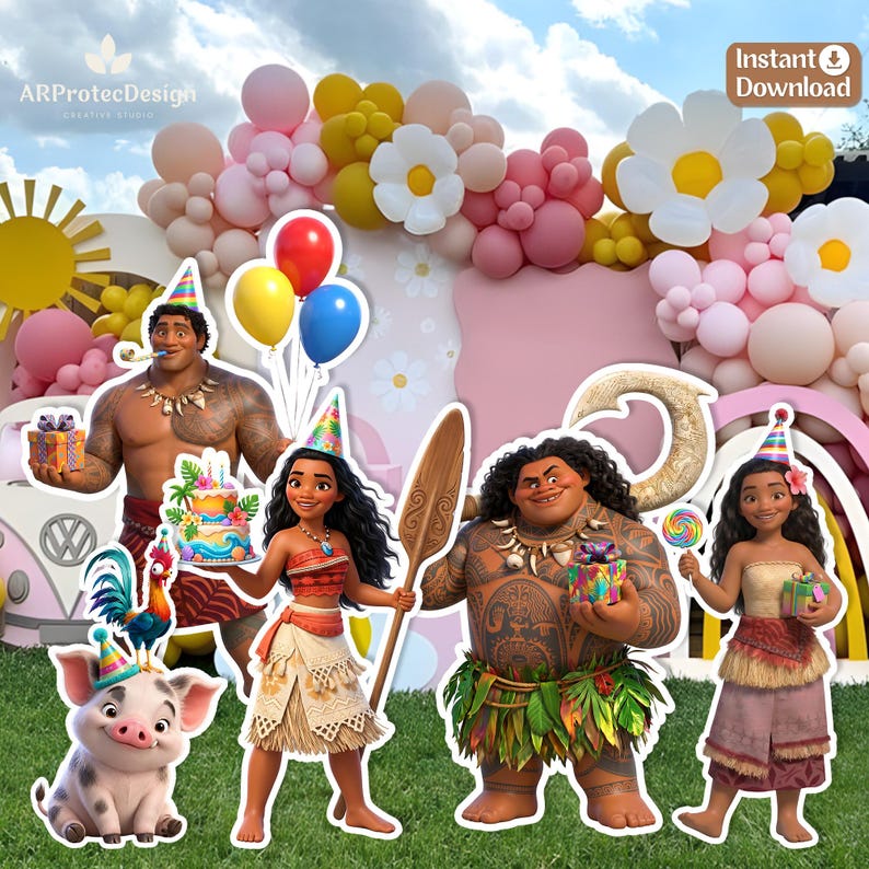 May include: A digital party decoration set featuring Moana characters including Maui, Moana, Pua the pig, and Heihei the rooster. The characters are depicted with birthday party elements like balloons, party hats, gifts, and a cake against a backdrop.