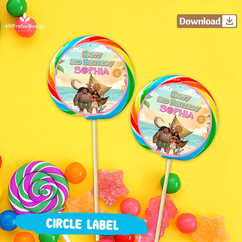 May include: Two round lollipop labels featuring a tropical ocean scene with a boat, a man, a woman, and a small pig. The text reads Happy 3rd Birthday Sophia. The labels are attached to white sticks and surrounded by colorful hard candies on a yellow background.