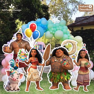 May include: A digital party decoration set featuring Moana characters including Maui, Moana, Pua the pig, and Heihei the rooster. The characters are shown with birthday party elements like balloons, a cake, gifts, and a wooden oar.