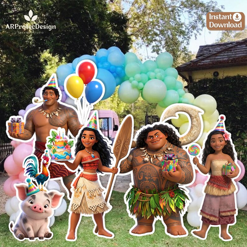 May include: A digital party decoration set featuring Moana characters including Maui, Moana, Pua the pig, and Heihei the rooster. The characters are shown with birthday party elements like balloons, a cake, gifts, and a wooden oar.
