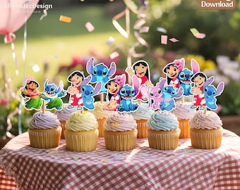 Adornos para cupcakes de Lilo y Stitch: Imprimibles para fiesta hawaiana (Descarga en PDF)