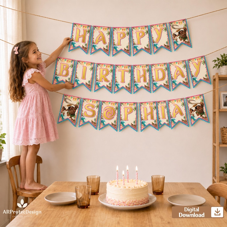 Bandera imprimible de cumpleaños de Moana, descarga digital para fiesta tropical con nombre personalizado imagen 1