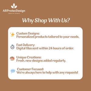 May include: A graphic with the text "Why Shop With Us?" and a list of reasons: custom designs, fast delivery, unique creations, and customer focused service. The background is a warm brown color.