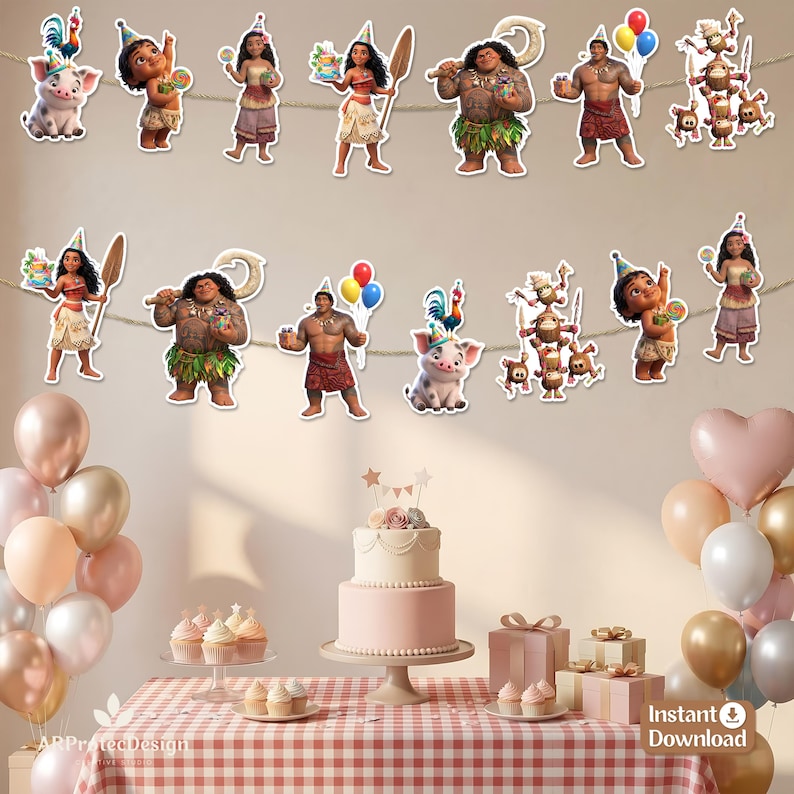 May include: A party banner featuring Moana characters including Moana, Maui, Pua, and Heihei, suspended above a table with a tiered cake, cupcakes, gift boxes, and balloons. The text "Instant Download" is visible in the bottom right corner.