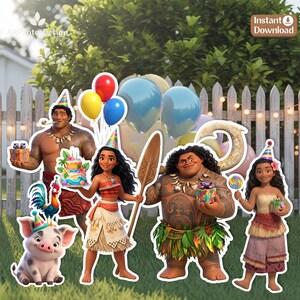 May include: A collection of Moana-themed party cutouts featuring Moana, Maui, Pua the pig, and Heihei the rooster. The characters are depicted with birthday party elements including colourful balloons, a tiered cake, gifts, and party hats.