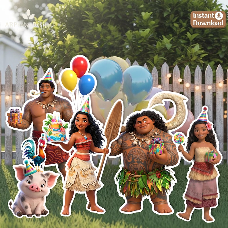 May include: A collection of Moana-themed party cutouts featuring Moana, Maui, Pua the pig, and Heihei the rooster. The characters are depicted with birthday party elements including colourful balloons, a tiered cake, gifts, and party hats.