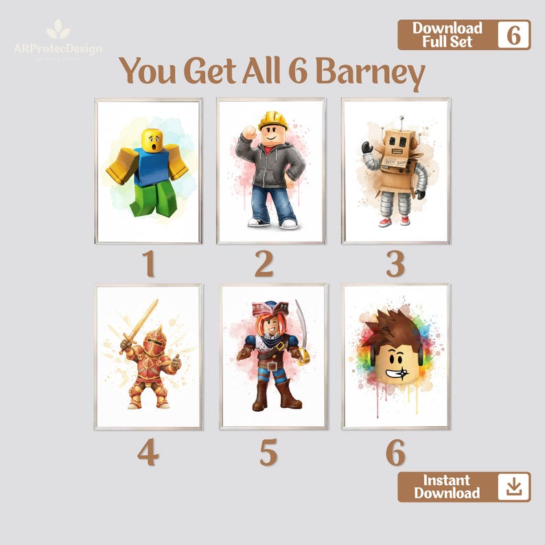 May include: Set of six framed art prints featuring colorful cartoon characters. Each print showcases a different character with unique outfits and accessories. The text "You Get All 6 Barney" is displayed at the top. The prints are numbered 1 through 6.