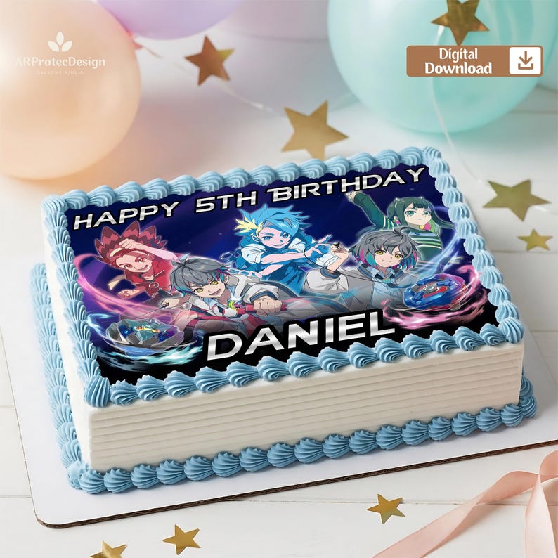 May include: A rectangular birthday cake with white frosting and blue decorative trim. The top features a colorful graphic with anime-style characters and the text "HAPPY 5TH BIRTHDAY DANIEL". Gold star decorations and balloons are in the background.