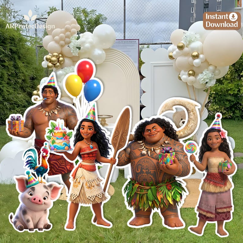 May include: A collection of Moana-themed party decorations featuring cutouts of Maui, Moana, Pua the pig, and Heihei the rooster. The characters are depicted with birthday party accessories like colourful balloons, party hats, gifts, and a cake.