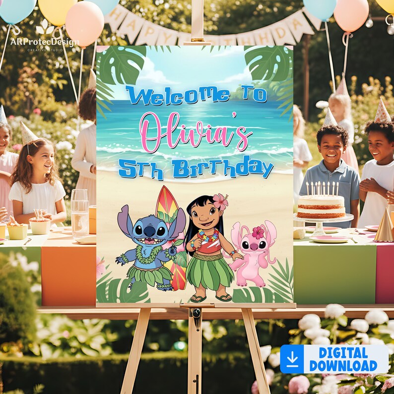 Stitch Welcome Spring Lilo Stitch Welcome Sign, Personalized Beach Theme Birthday Poster ...