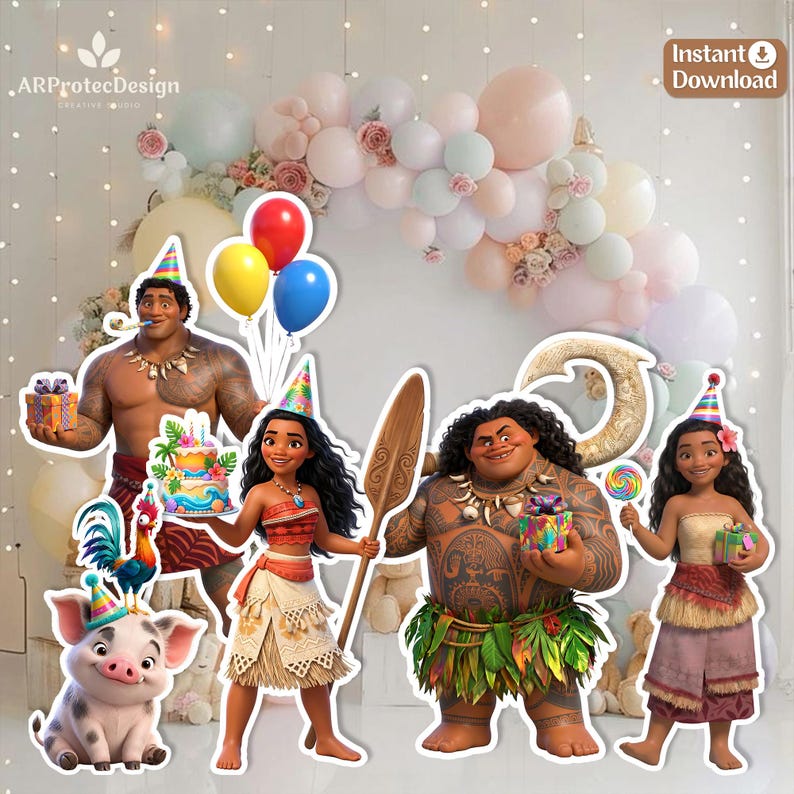 May include: A collection of Moana-themed party decorations featuring cutouts of Moana, Maui, Pua the pig, and Heihei the rooster. The characters are depicted with birthday party elements including colourful balloons, a cake, and gifts.