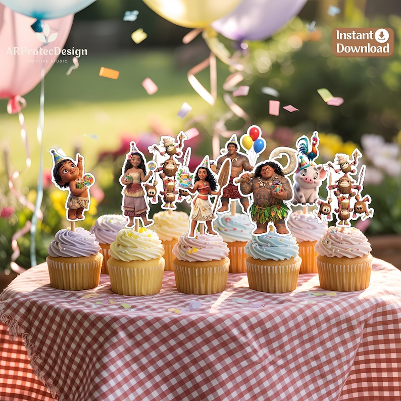 May include: A set of Moana-themed cupcake toppers featuring various characters including Moana, Maui, Pua, and the Kakamora, each attached to a wooden pick. The toppers are displayed on a variety of frosted cupcakes on a red and white checkered cloth.