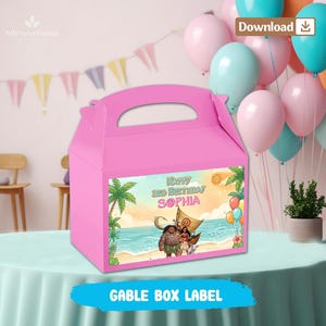 May include: A pink gable box featuring a rectangular label with a tropical beach scene, palm trees, a sailboat, and characters. The text reads Happy 3rd Birthday Sophia. The box is positioned on a table with colorful balloons in the background.
