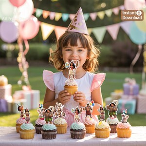 May include: A collection of Moana-themed cupcake toppers featuring various characters including Moana, Maui, Pua, and Heihei. The toppers are printed on cardstock and displayed on frosted cupcakes with colorful icing in shades of blue, pink, and white.