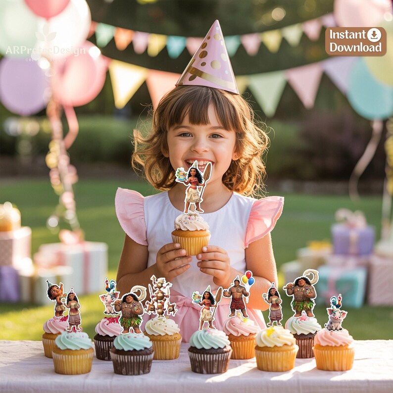 May include: A collection of Moana-themed cupcake toppers featuring various characters including Moana, Maui, Pua, and Heihei. The toppers are printed on cardstock and displayed on frosted cupcakes with colorful icing in shades of blue, pink, and white.