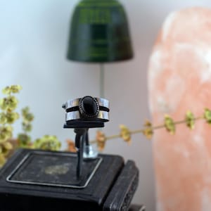 May include: A silver ring with a black oval stone is displayed on a black stand. The ring has a double-band design. The background includes a green bell, a pink rock, and some greenery, creating a natural aesthetic.