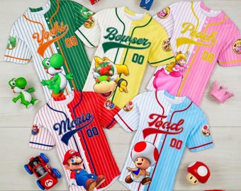 Camisetas de béisbol de Super Mario para niños: Mario, Luigi, Peach, Bowser, Yoshi y Toad. Regalo de cumpleaños. Conjunto deportivo para toda la familia.