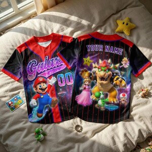 Camiseta de béisbol a rayas de la película Super Mario Galaxy, conjunto familiar a juego de Mario Bros, camisetas de equipos de Universal Studios Style 3