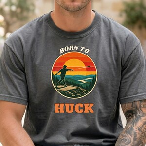 Disc Golf Shirt, Born to Huck, Retro Sunset Disc Golf Badge Comfort Colors Tee