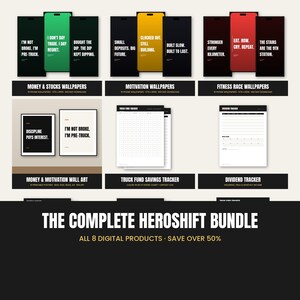 HeroShift digitalt paket, 30 telefonbakgrunder, 10 väggkonsttryck, besparingar, utdelning, budget och fitnessspårare bild 1