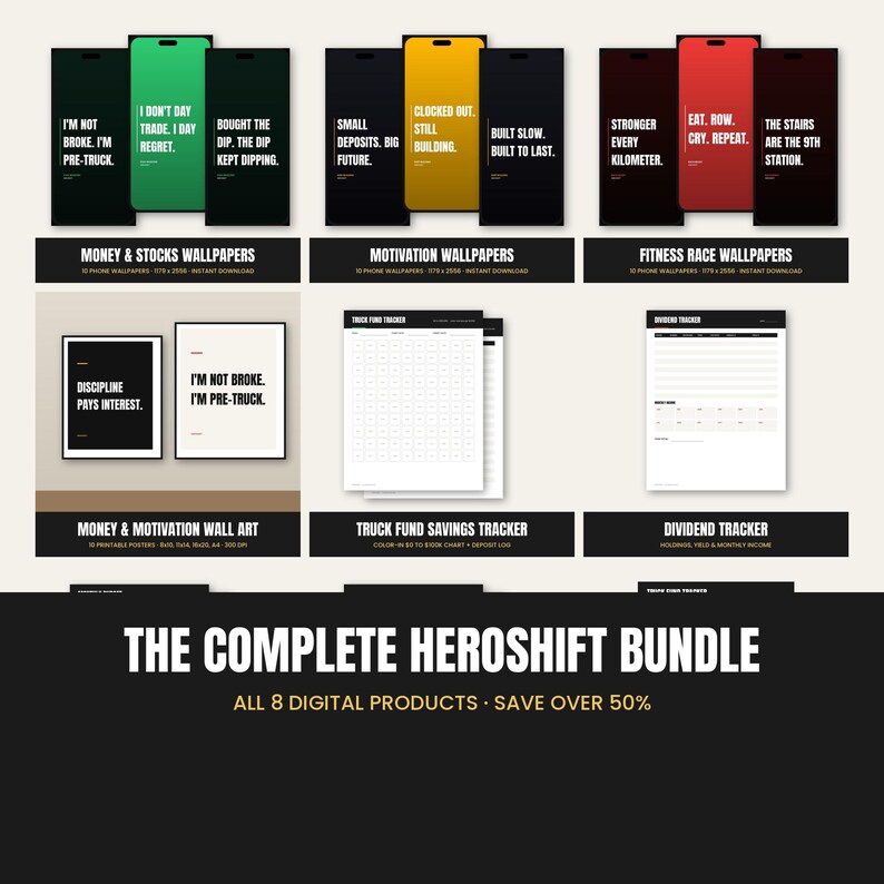 HeroShift digitalt paket, 30 telefonbakgrunder, 10 väggkonsttryck, besparingar, utdelning, budget och fitnessspårare bild 1