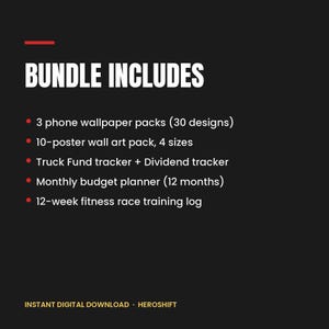 HeroShift digitalt paket, 30 telefonbakgrunder, 10 väggkonsttryck, besparingar, utdelning, budget och fitnessspårare bild 2