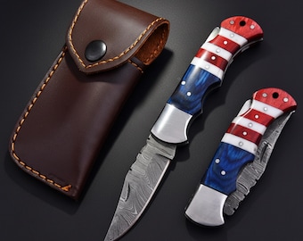 Personalized Damascus Steel Folding Knife, American Flag Handle, Leather Sheath