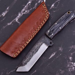 Hand-Forged Railroad Spike Collectible Knife With Stain Wood Handle And Leather Sheath