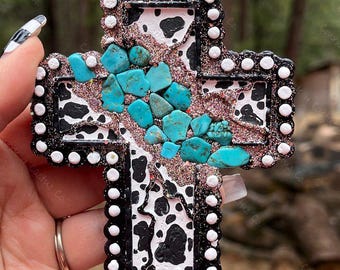 Western Cross Freshie | Cow Print Turquoise Cross | Faith Based Car Freshie | Western Christian Decor