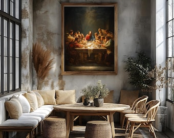 May include: A rustic dining room with a large framed painting depicting a religious scene. The room features a wooden table, chairs, and woven stools. A built-in bench with pillows and large windows complete the space.