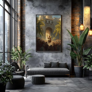 May include: A framed artwork depicting a historical scene with a figure on horseback leading a crowd through an archway. The artwork is displayed on a gray wall above a gray sofa, with plants and hanging lights in the room.