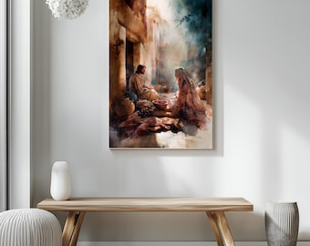 Jesus with Martha and Mary Watercolor Art Print | Boho Christian Home Decor (Digital Download)