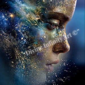 Ritratto di donna con emanazione cosmica / Arte murale galattica / Luce eterea stampabile / Decorazione digitale cosmica femminile