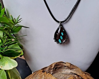 Black and Blue Butterfly Wing Teardrop Pendant, Blue Striped Butterfly Necklace - FREE SHIPPING