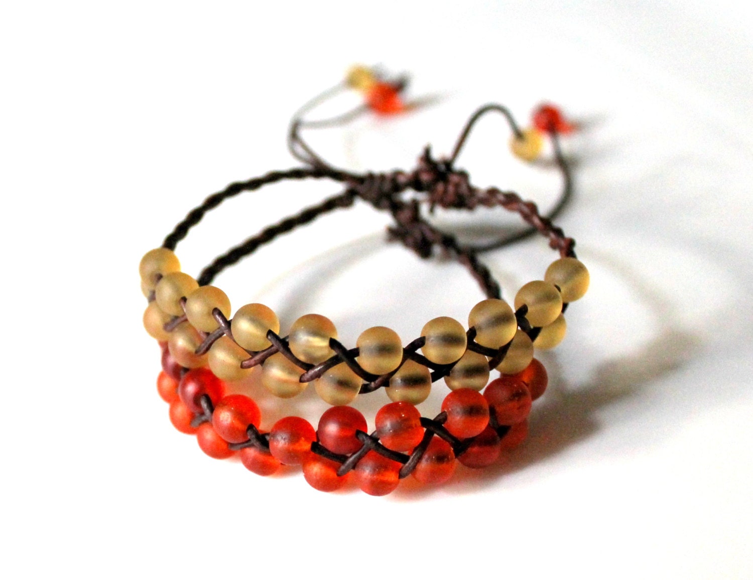 Orange Red Beachglass Braided Leather Bracelet Friendship | Etsy