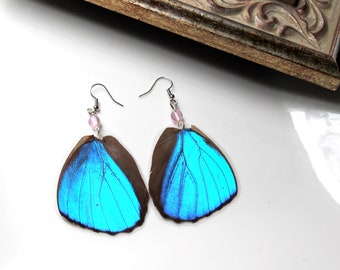 Blue Butterfly Wing Earrings with Pink Mermaid Glass Bead, Nature Earrings, Morpho Menelaus