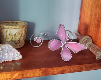 Pink Stained Glass Butterfly Figurine, Silver Finishing - FREE SHIPPING