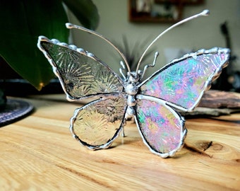 Aurora Borealis Starburst Stained Glass Butterfly Figurine, Butterfly Statuette, Oil Slick Butterfly Wings - FREE SHIPPING