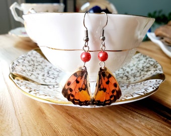 Red Orange Black Spotted Butterfly Earrings, Real Butterfly Wings, Red Pearl, Natural History Earrings