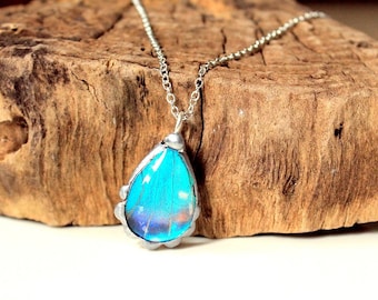 Blue Butterfly Wing Necklace, Real Butterfly Jewelry, Blue Morpho Butterfly, Blue Teardrop Necklace