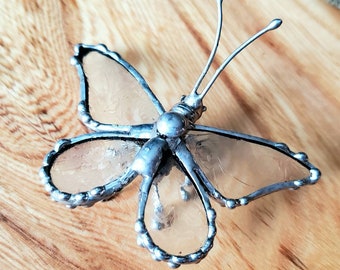 Frosted Stained Glass Butterfly Figurine with Wings Down and Silver Finishing