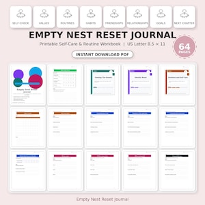 Diario imprimible de reinicio del nido vacío, cuaderno de rutina y cuidado personal, sugerencias de reflexión para quienes se quedan sin nido, objetivos de identidad, amistades y matrimonio (PDF)