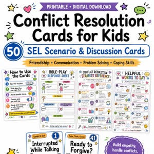 May include: A set of 50 printable digital conflict resolution cards for kids featuring colourful graphics, stars, and hearts. The cards include a role-play response sheet, strategy reference, and helpful words to say, with text detailing social-emotional learning scenarios.