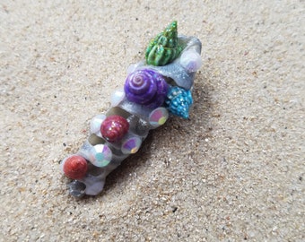 Gray Spiral Shell set with Tiny Dyed Shells and Gem Cabochons OOAK Hair Clip | Mermaid Costume Summer Beach Accessory