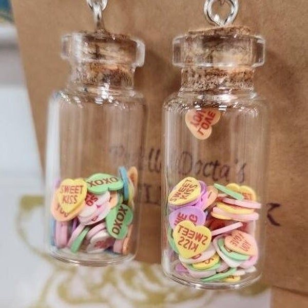 Conversation Hearts in a Bottle Earrings | Valentine's Day, Candy, Sweethearts, Romance, Decora Kei Colorful Rainbow Jewelry