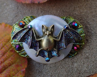 Bronze Bejeweled Bat Flying in front of the Moon Hair Clip | Halloween Fancy Victorian Autumn Jewelry