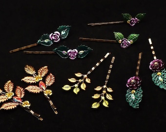 Floral, Leaf & Gem Bobby Pin Sets (Sold Separately) | Fancy Art Nouveau-Inspired Nature Hair Accessories