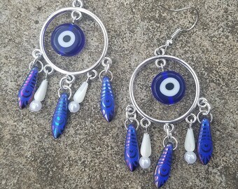 Blue Evil Eye and Pearl Earrings | Antique, Vintage-Inspired Jewelry