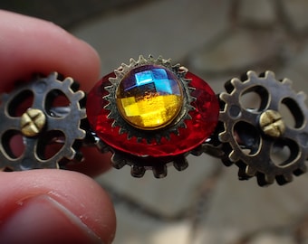 Red & Gold Jewel with Cogs Steampunk OOAK Hair Clip | Vintage, Antique, Victorian Costume Accessory