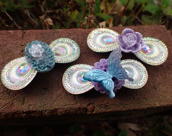 Purple & Blue Flower Holographic Peacock Feather Hair Clips | Antique Costume Jewelry, Simple Wedding Flower Girl Bridesmaid Accessory